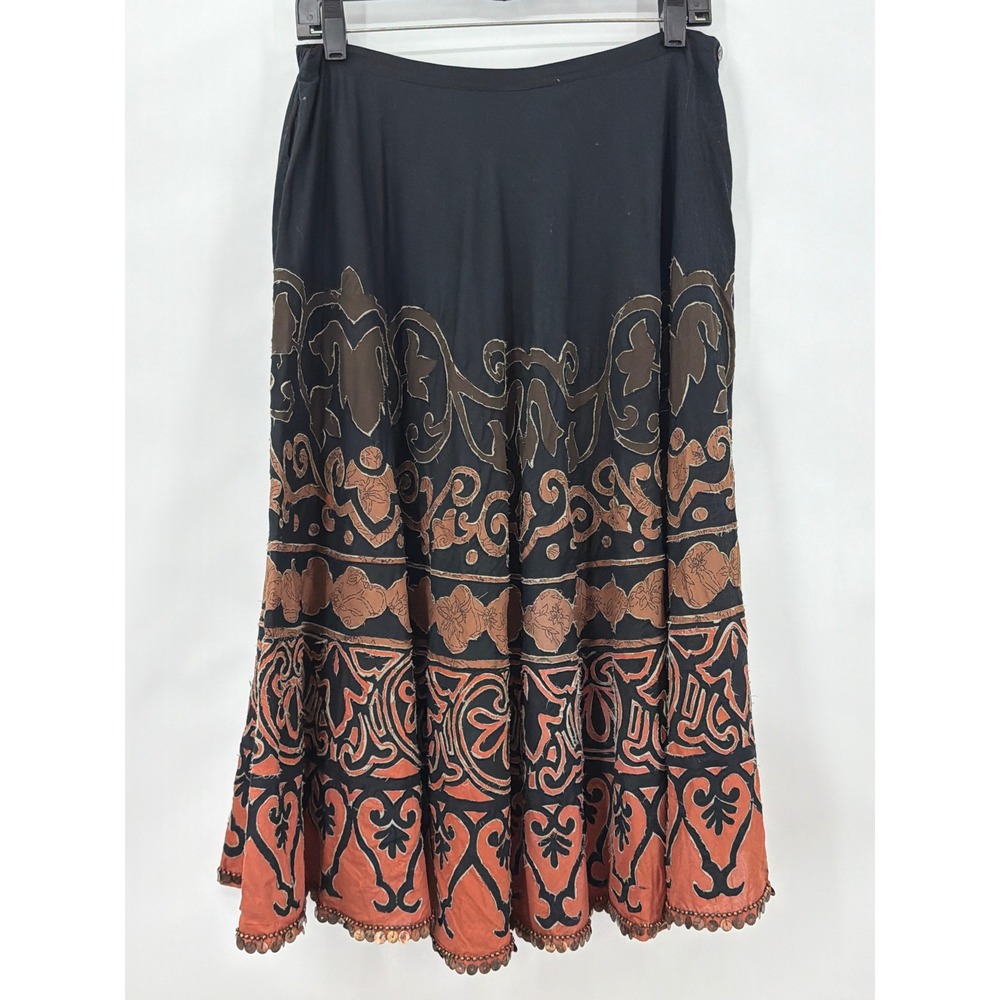 Chico's Burnt Orange Black Embroidered Sequin Midi Skirt Cotton Size 2 NWT